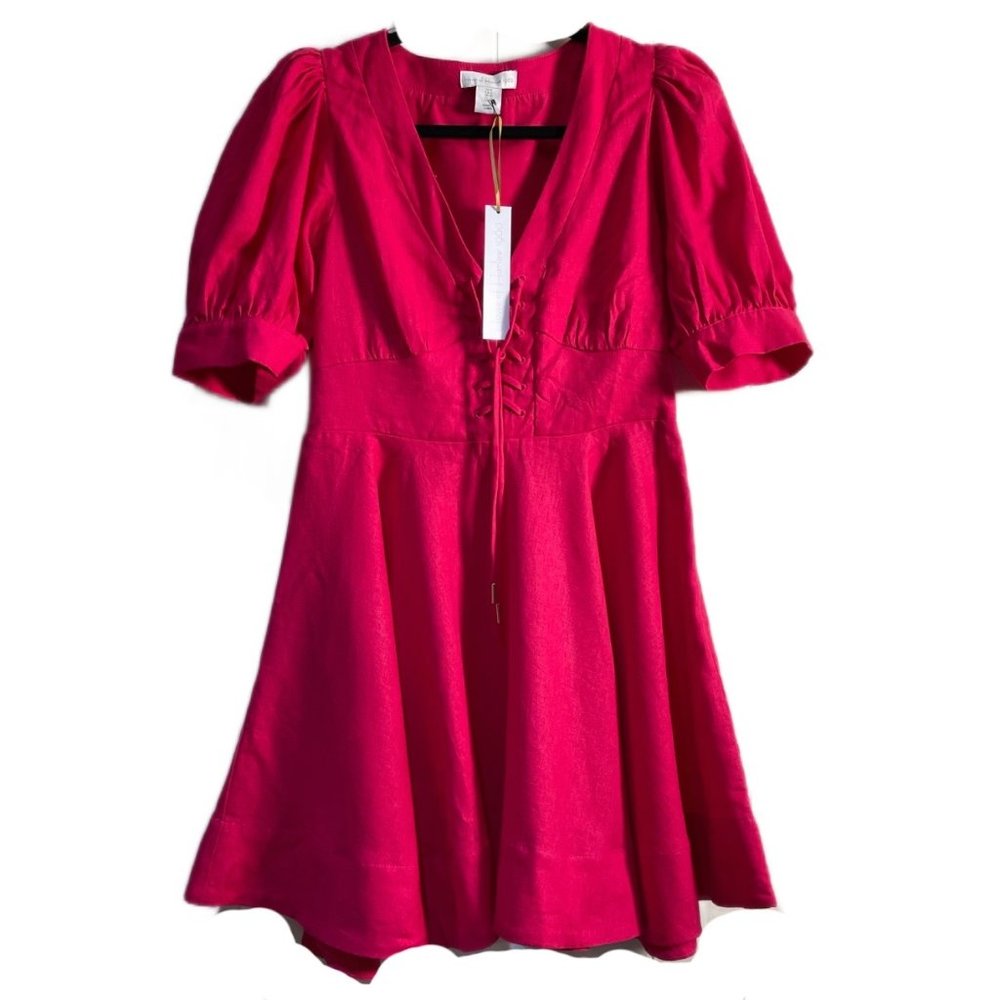 House of Harlow 1960 NEW Mini Flare Linen Blend Lacing Dress Size 4 Fuchsia - Picture 3 of 11